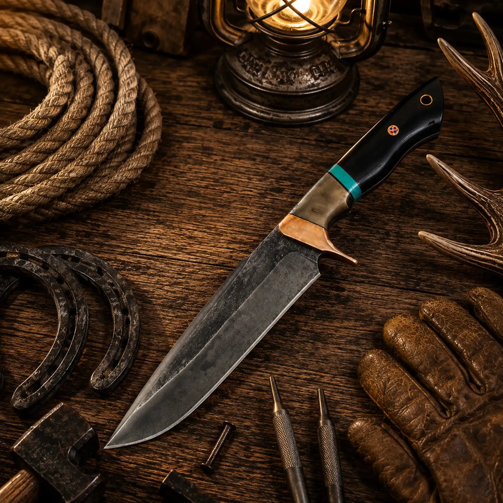 Clip point D2 acid wash hunting knife with buffalo horn handle