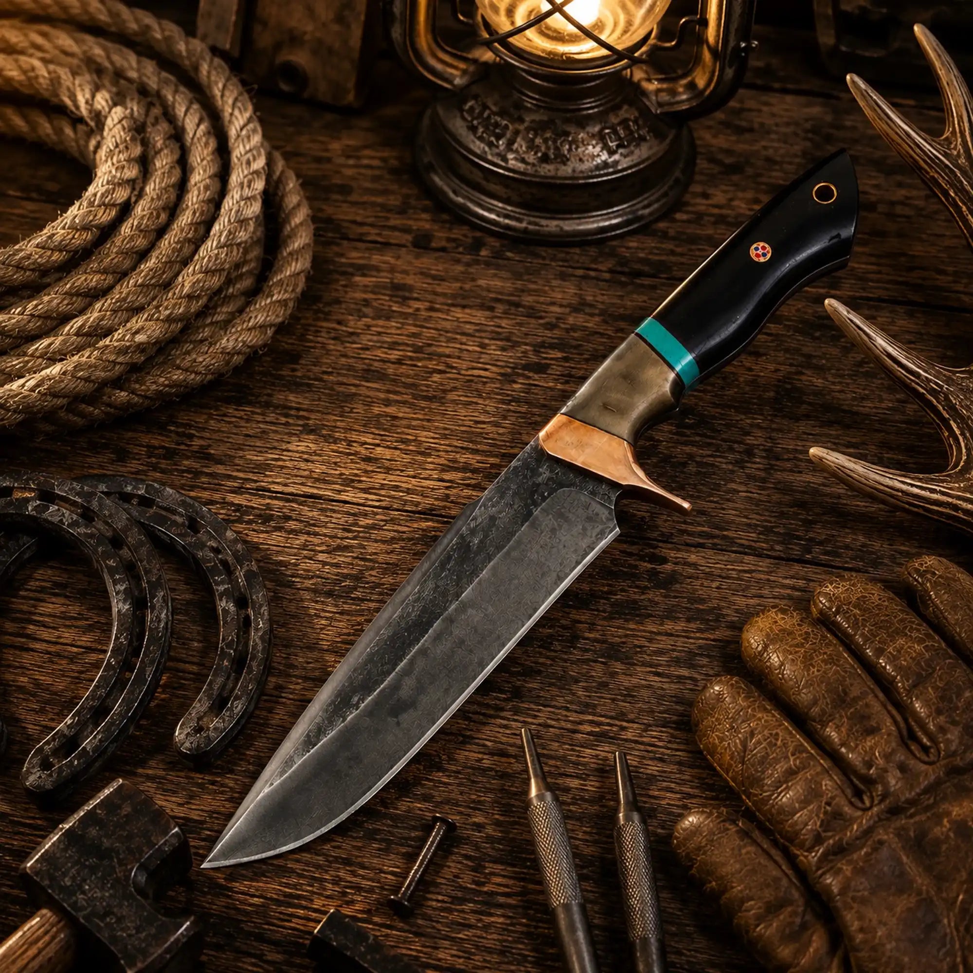 Clip point D2 acid wash hunting knife with buffalo horn handle