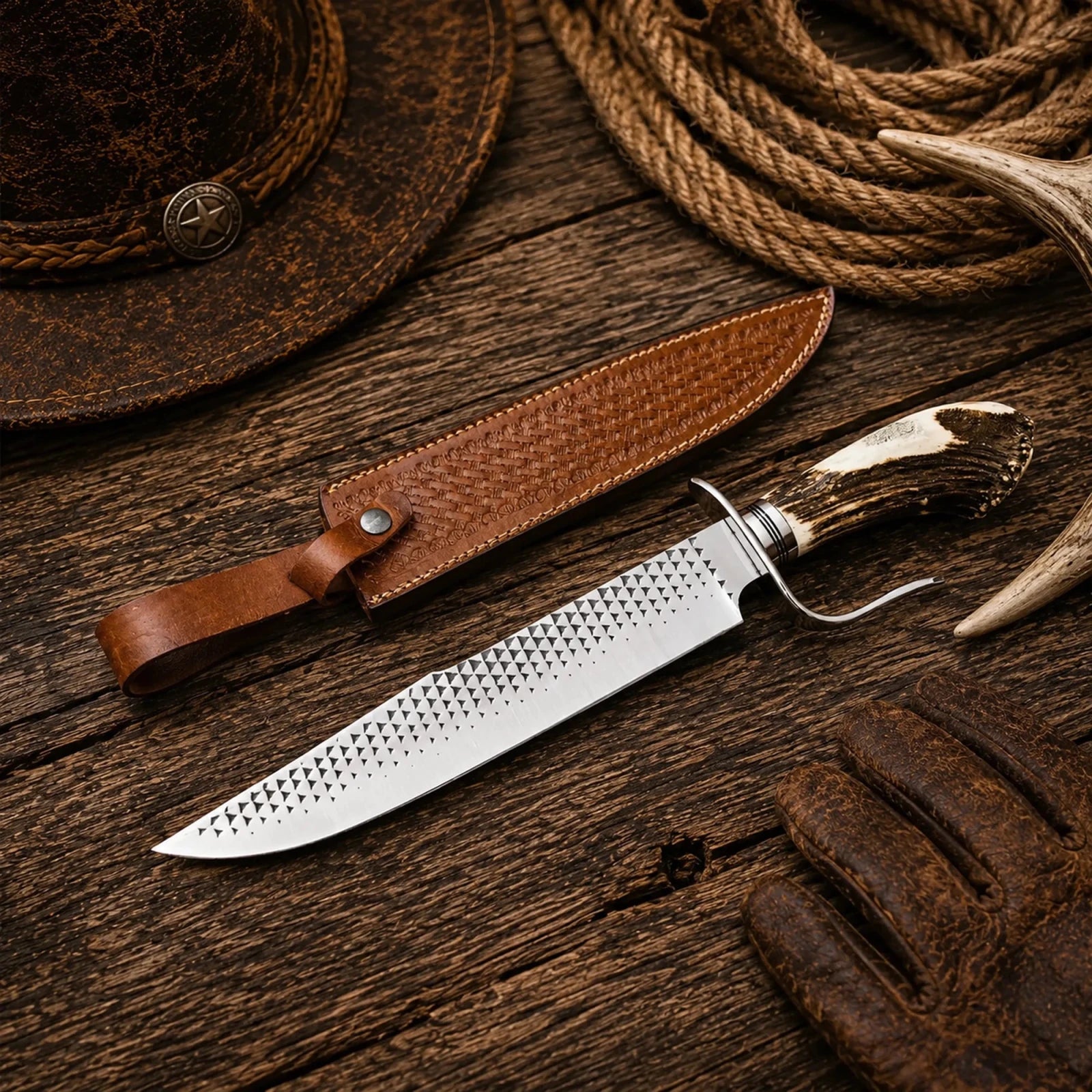 Clip Point Farrier Rasp Hunting Bowie Knife – 16" Stag Antler Handle - SHAM KNIVESBowie knifeSHAM KNIVESClip Point Farrier Rasp Bowie Knife with Stag Antler Handle