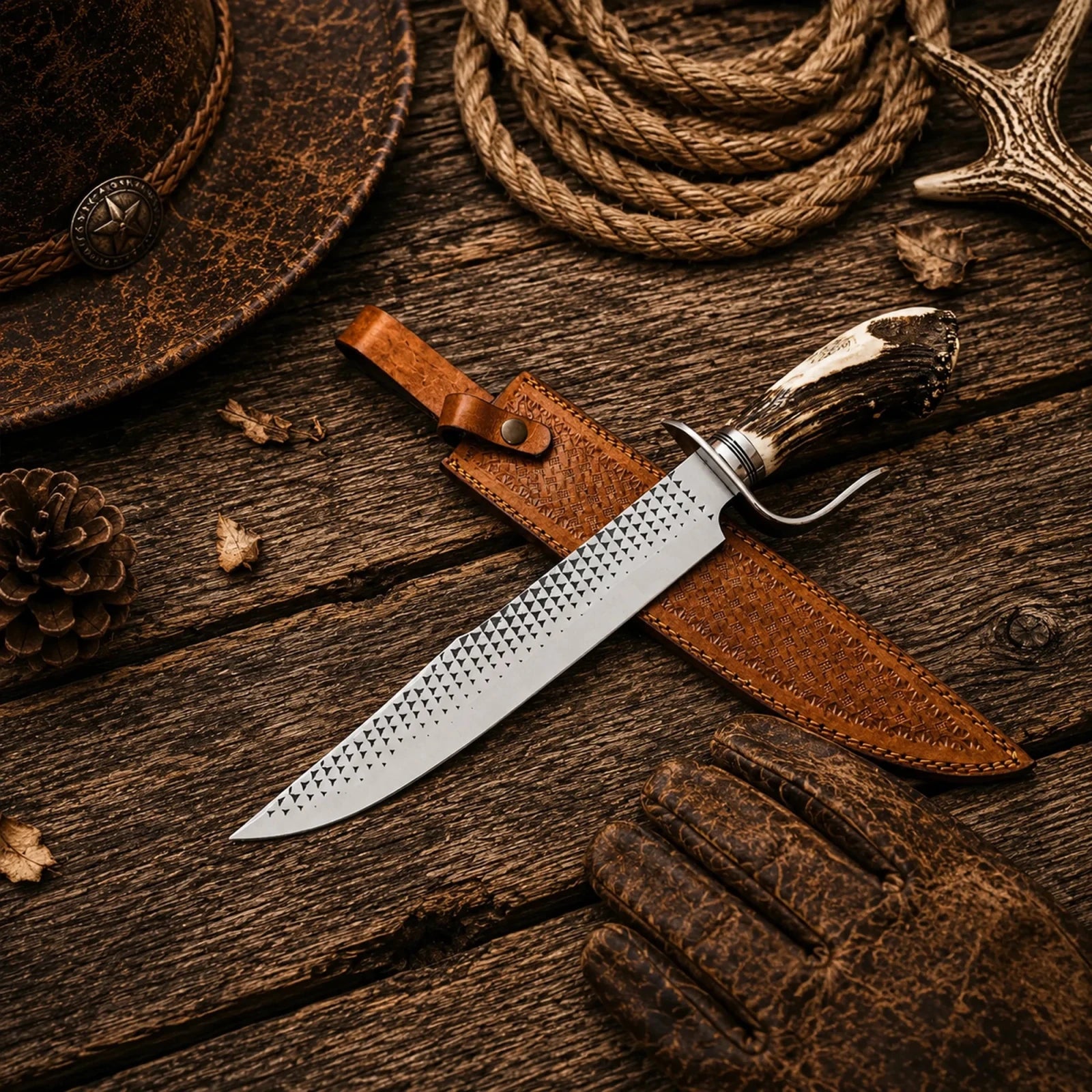 Clip Point Farrier Rasp Hunting Bowie Knife – 16" Stag Antler Handle - SHAM KNIVESBowie knifeSHAM KNIVESWestern Bowie Knife with Natural Stag Antler Handle with leather sheath