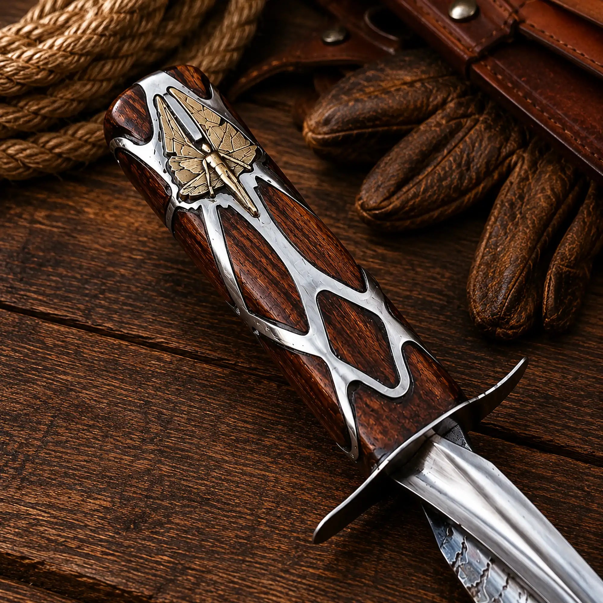 Fantasy replica knife with brass silver handle detailing close up