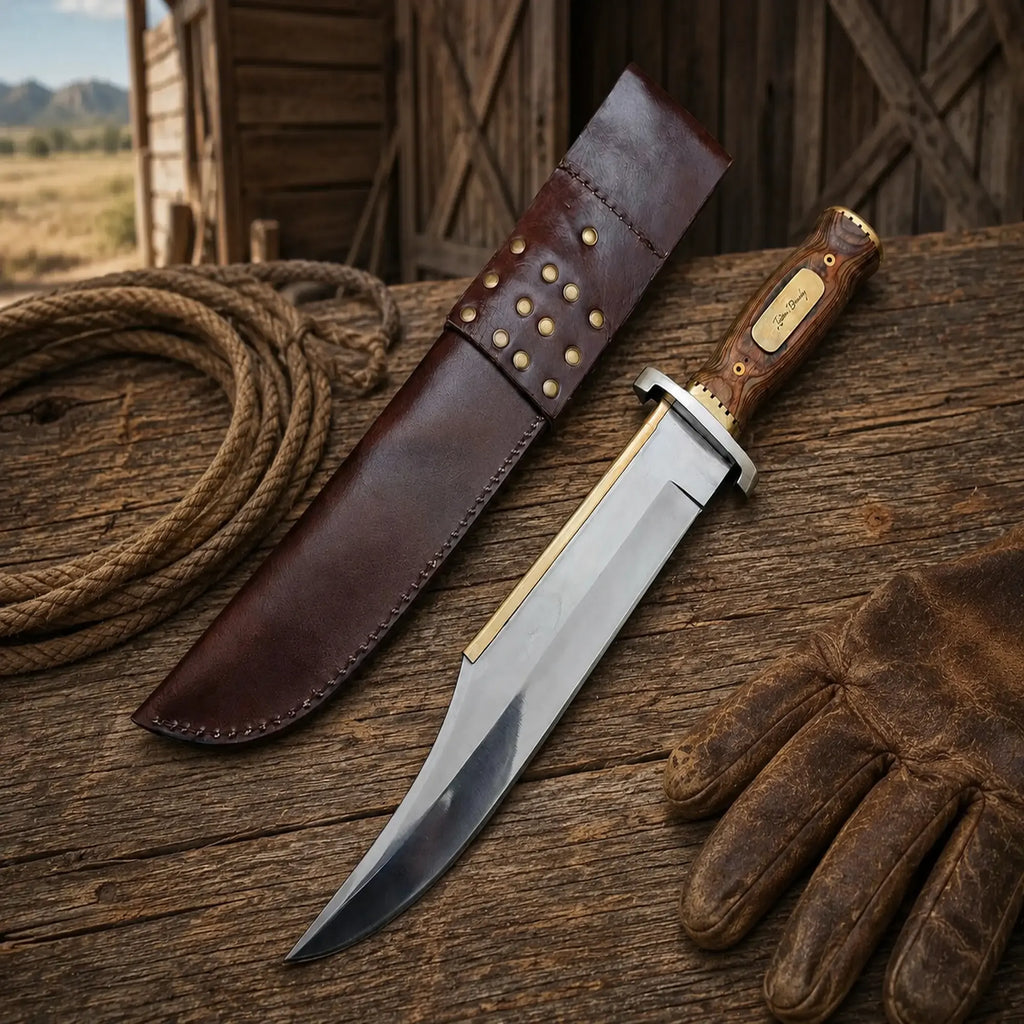 D2 steel Bowie knife with wood handle and leather sheath