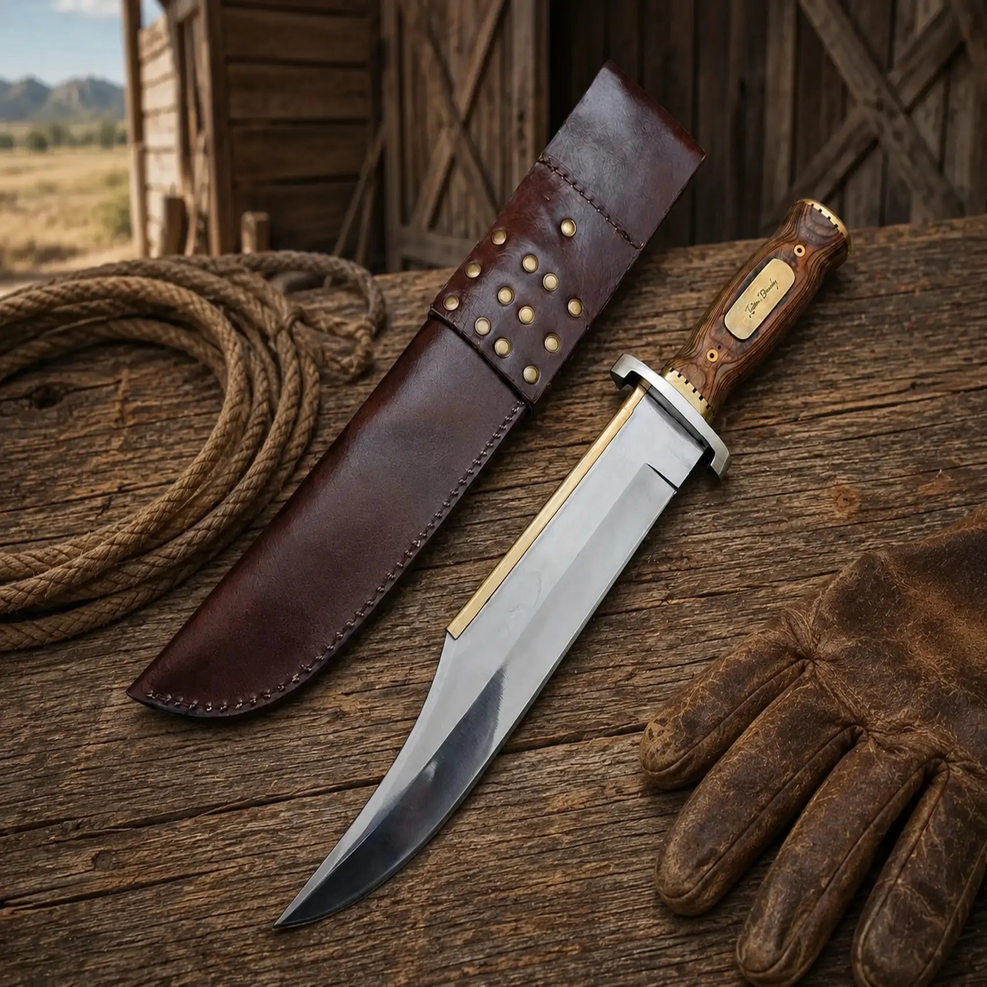 D2 steel Bowie knife with wood handle and leather sheath