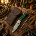 Compact cowboy Damascus folding pocket knife with green Pakka wood handle with leather sheath