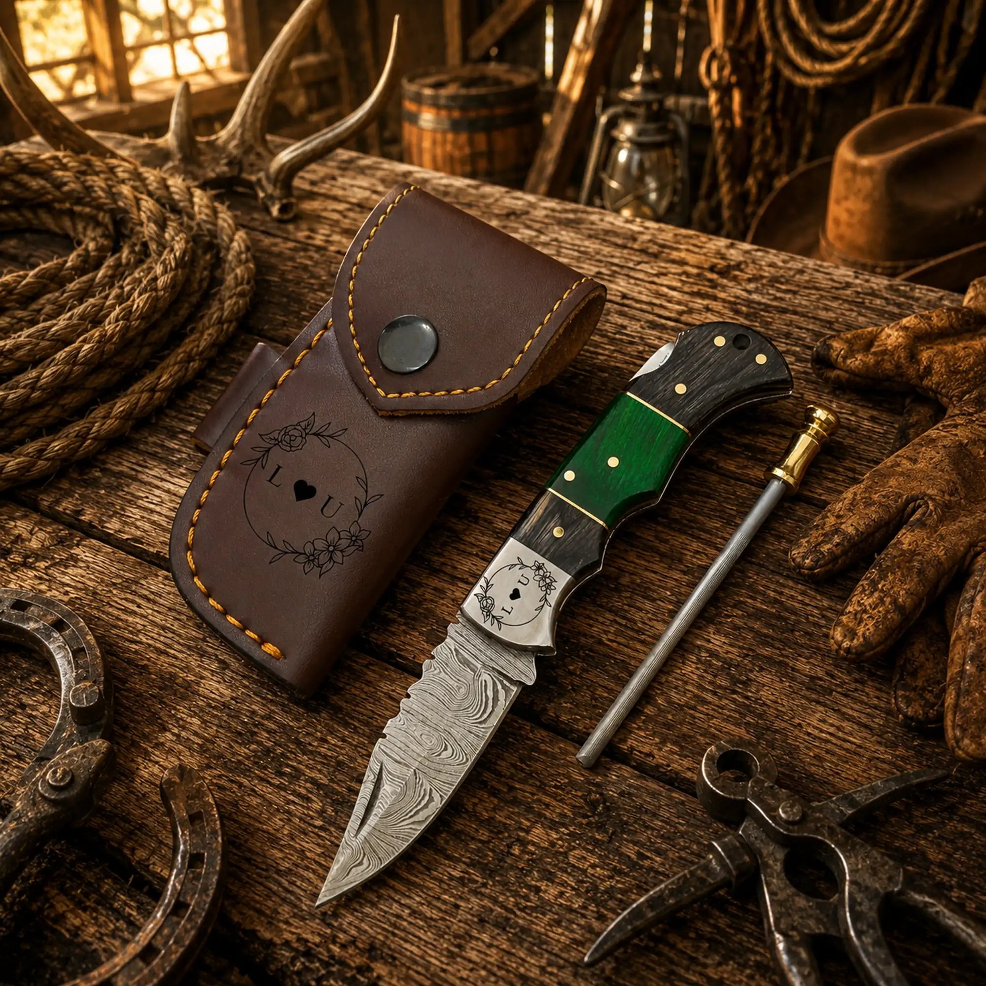 Compact cowboy Damascus folding pocket knife with green Pakka wood handle with leather sheath
