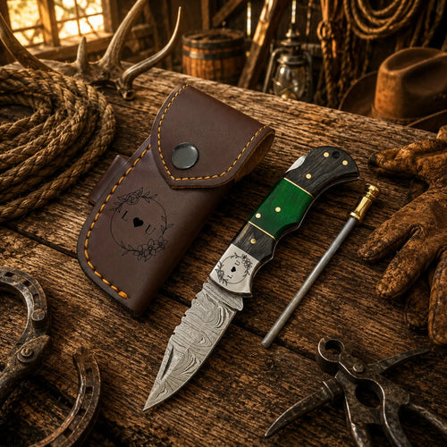 Compact cowboy Damascus folding pocket knife with green Pakka wood handle with leather sheath