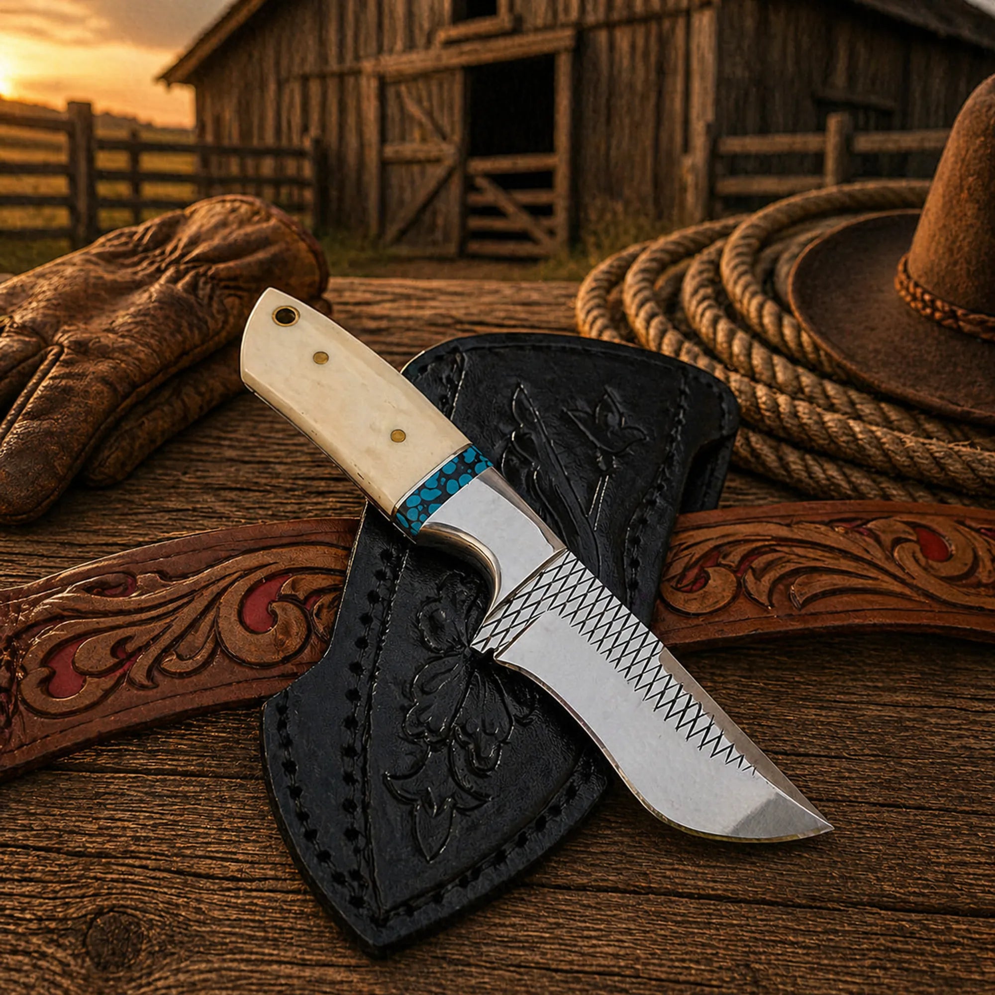 Handmade rasp steel knife with concealed carry leather sheath
