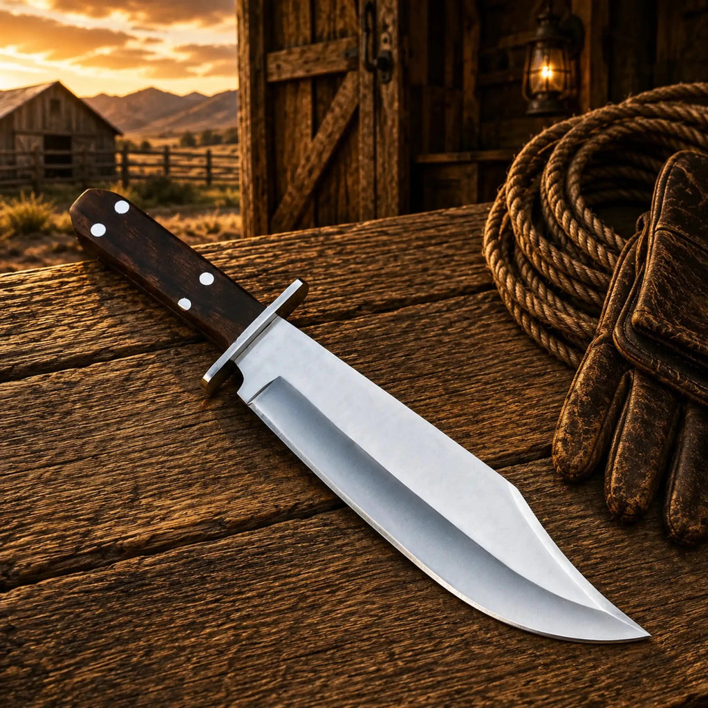 Condor Undertaker Bowie Knife Stainless Steel Walnut Handle - SHAM KNIVESBowie knifeSHAM KNIVESStainless steel hunting knife with leather sheath on rustic table