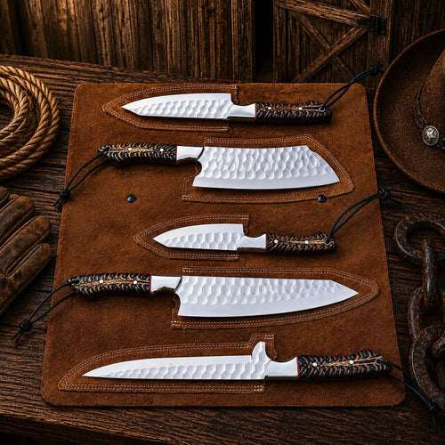 Cone Back Handles D2 Steel Chef Knife Set with Leather Roll Kit - SHAM KNIVESkitchen knifesSHAM KNIVESHandmade D2 steel chef knife set with pinecone handles and leather roll kit.