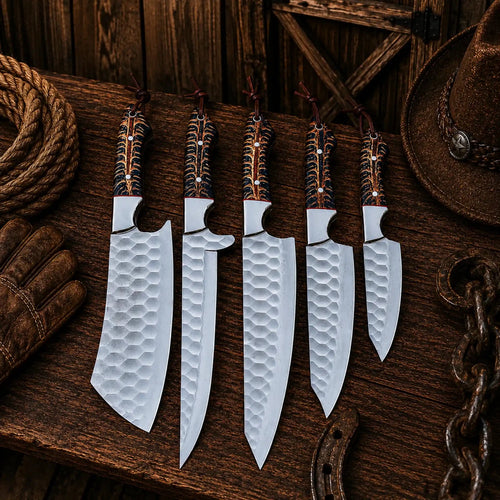 Cone Back Handles D2 Steel Chef Knife Set with Leather Roll Kit - SHAM KNIVESkitchen knifesSHAM KNIVESProfessional kitchen knife set featuring pinecone handles and hammered blades.