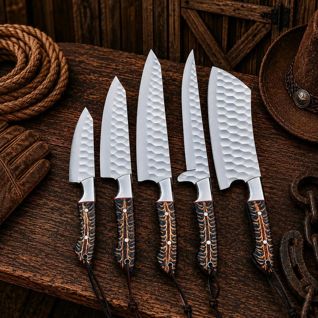 Cone Back Handles D2 Steel Chef Knife Set with Leather Roll Kit - SHAM KNIVESkitchen knifesSHAM KNIVEScowboy kitchen knife set with pinecone handles and steel bolsters.