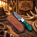 Copper Creek Damascus hunting knife with leather belt sheath