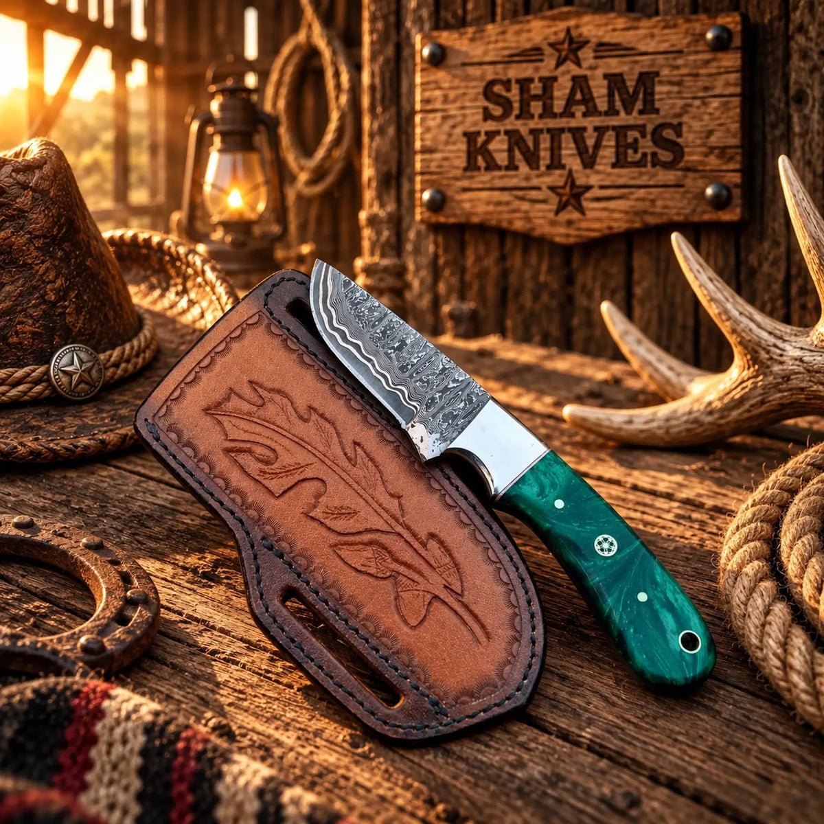Copper Creek Damascus hunting knife with leather belt sheath