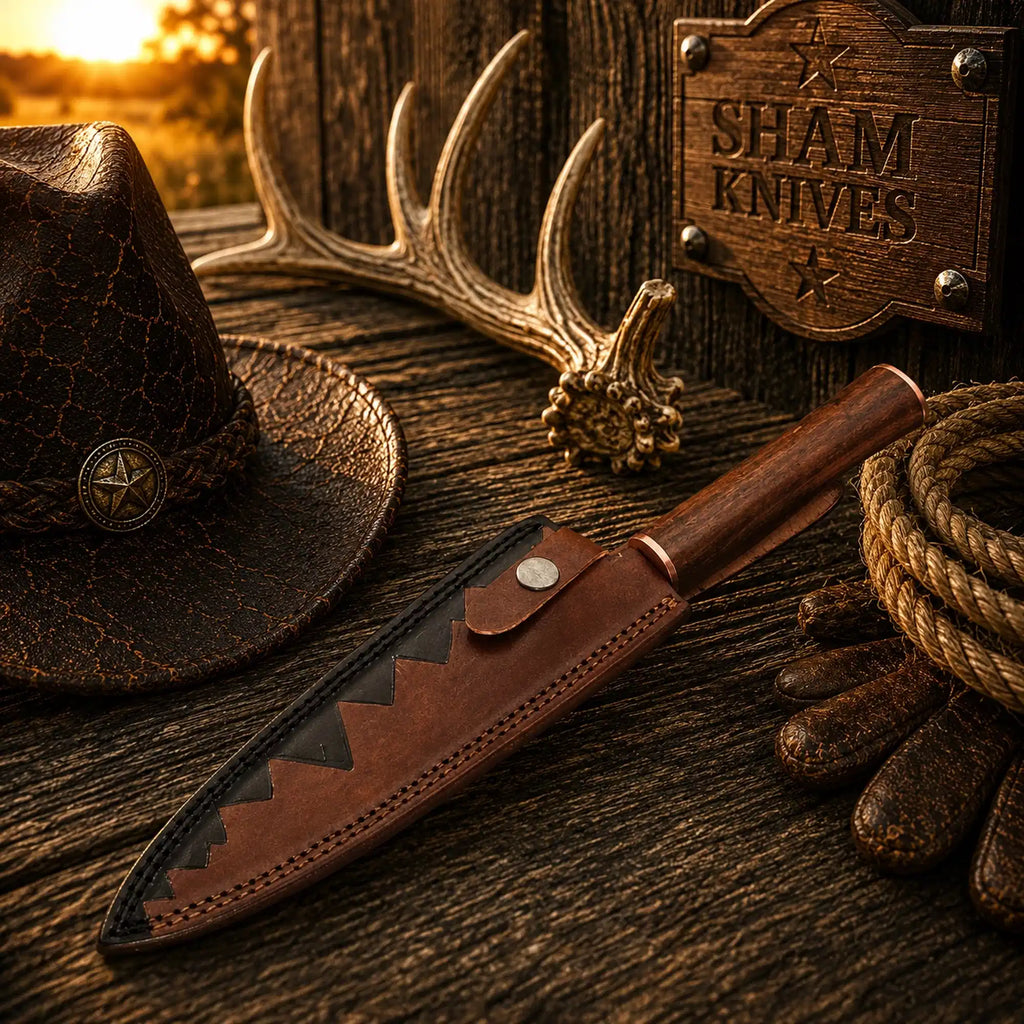 Close-up of layered Copper Damascus chef-knife blade pattern