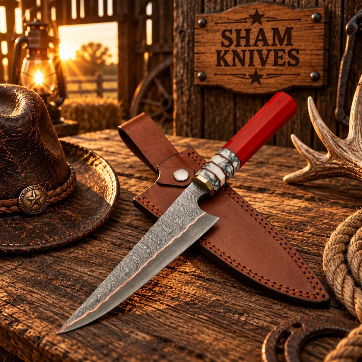 Copper Damascus chef knife with red epoxy-resin handle