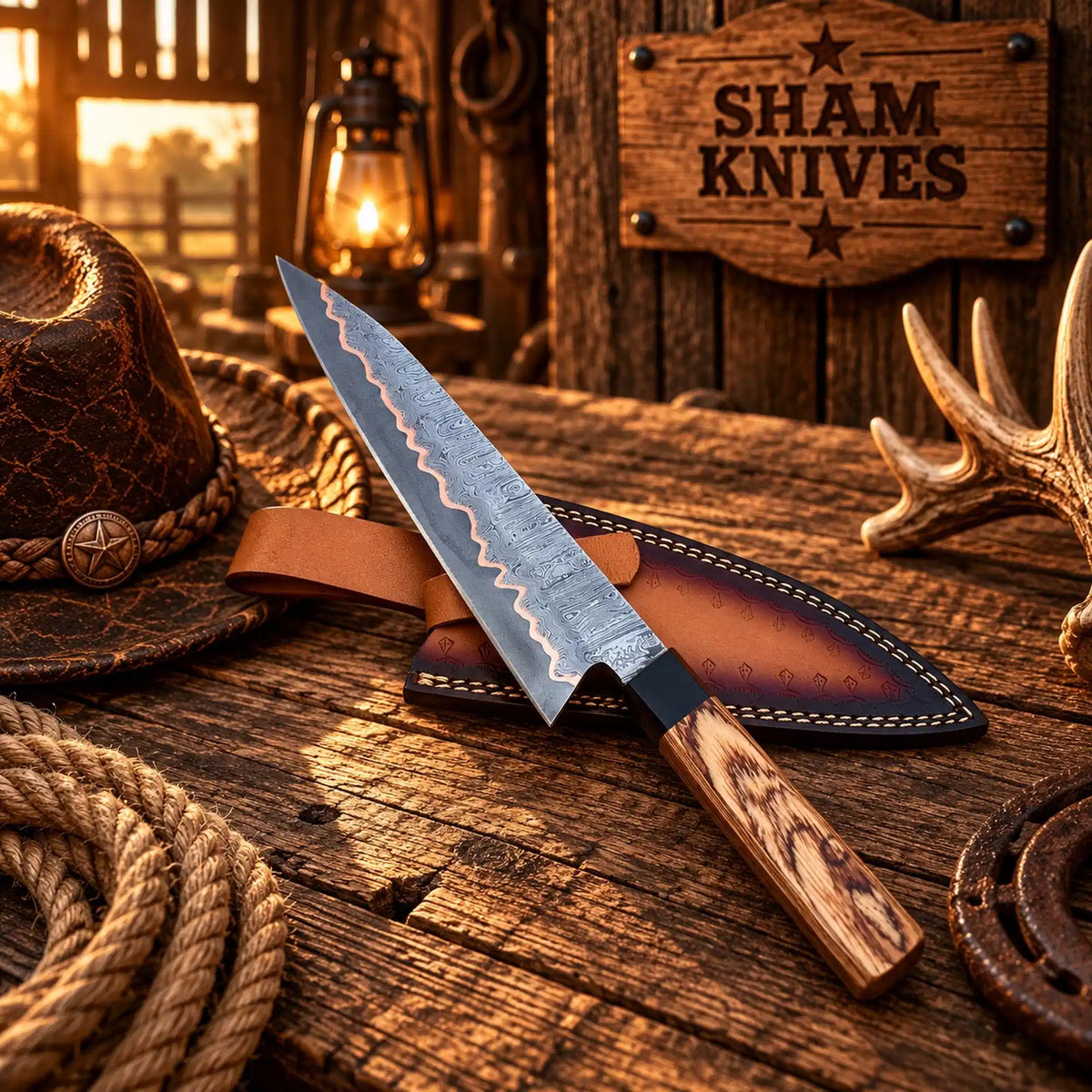 Copper Damascus chef knife with exotic-wood handle