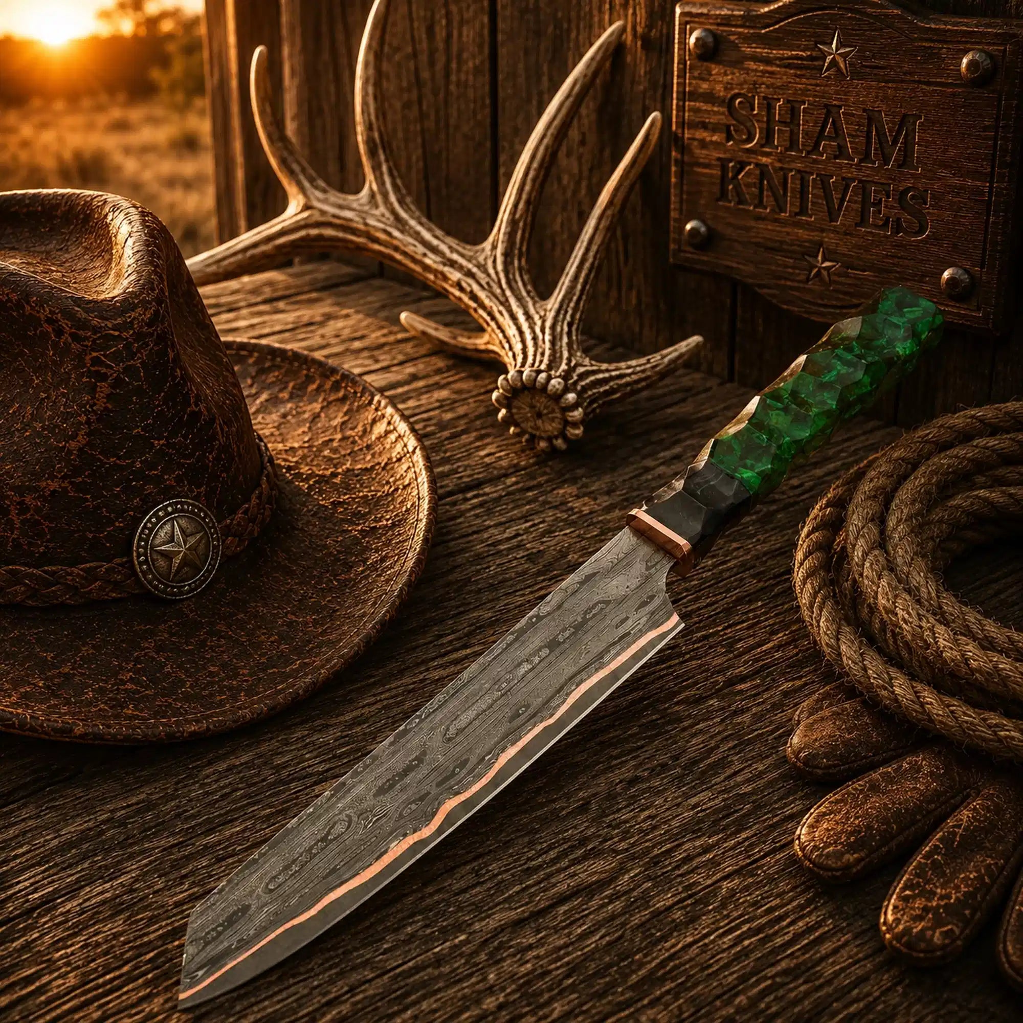 Hand-forged Copper Damascus chef knife with sculpted green handle