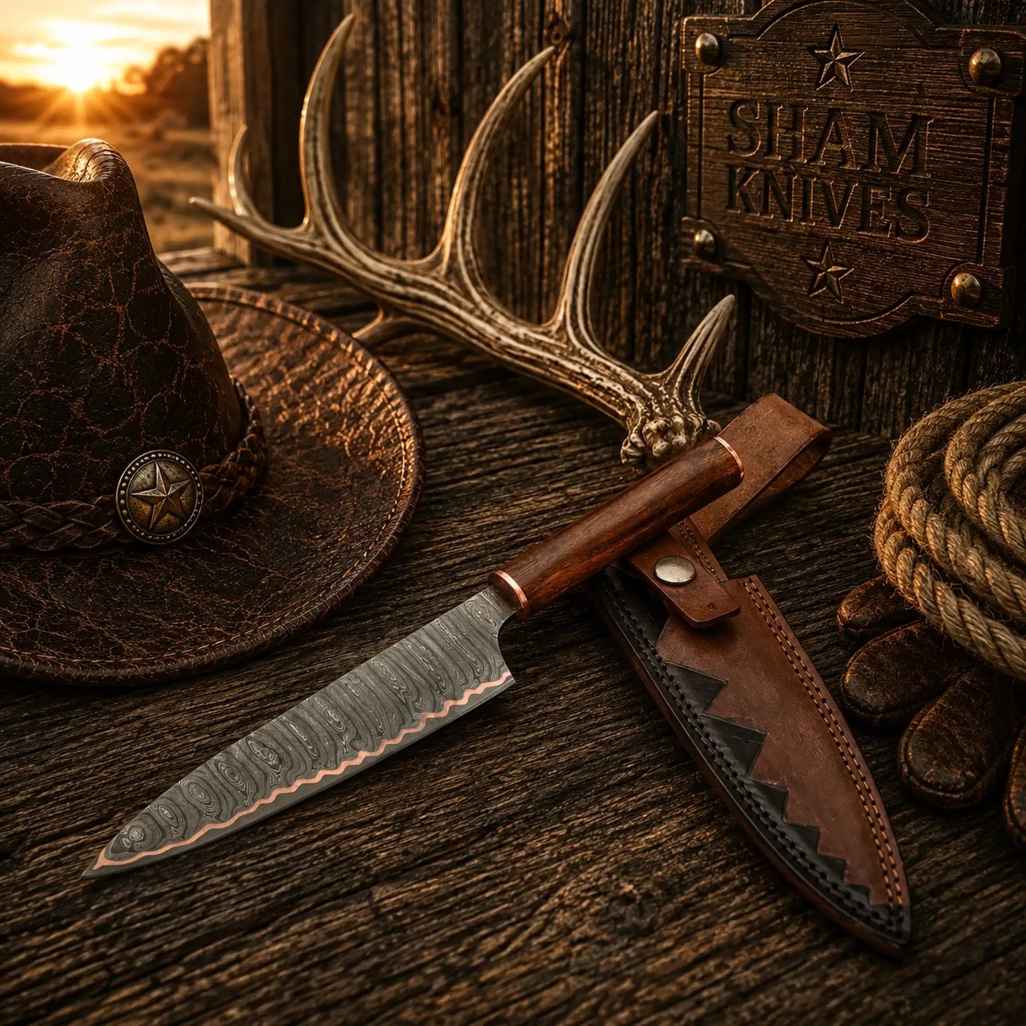 Copper Damascus chef knife with fitted brown leather sheath