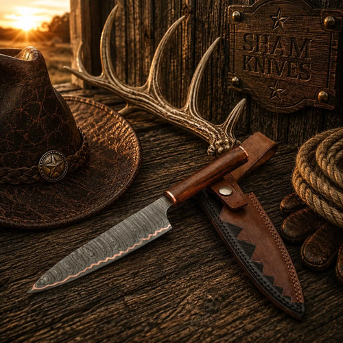 Copper Damascus chef knife with fitted brown leather sheath