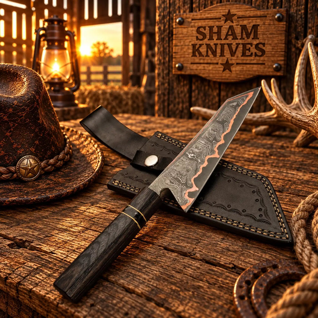 Copper Damascus chef knife with dark Pakka wood handle
