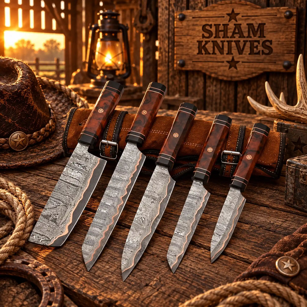 Five-piece Copper Damascus kitchen chef knife set