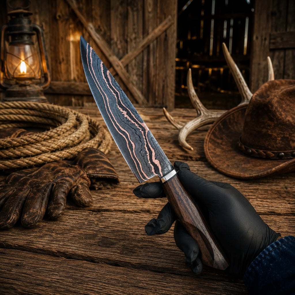 Handmade Copper Damascus kitchen knife for professional chefs.