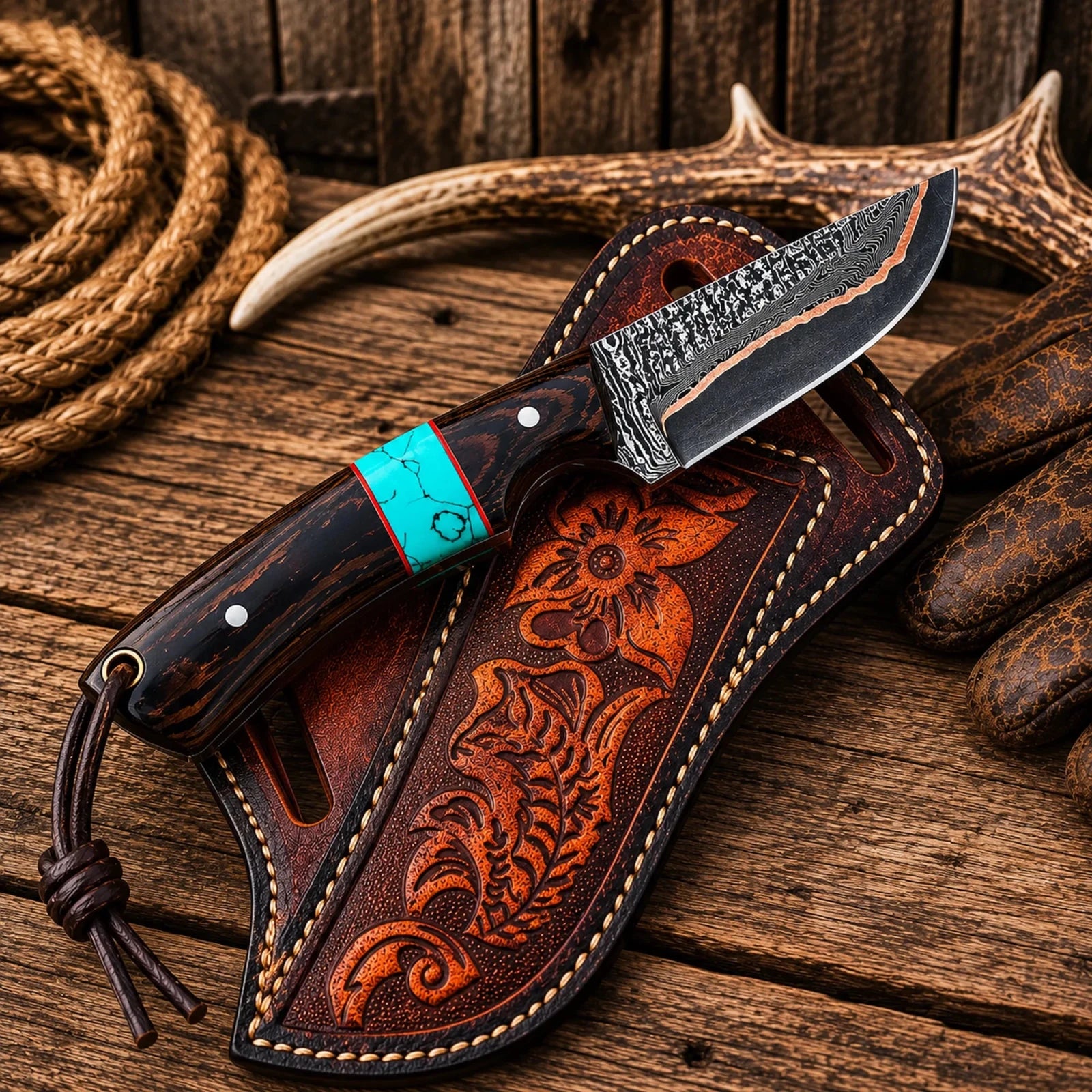Copper Damascus Cross Draw Knife – Wenge Wood & Turquoise Inlay Handle - SHAM KNIVESCowboy KnifeSHAM KNIVESHandmade Copper Damascus cross draw knife with Wenge wood and turquoise inlay handle.