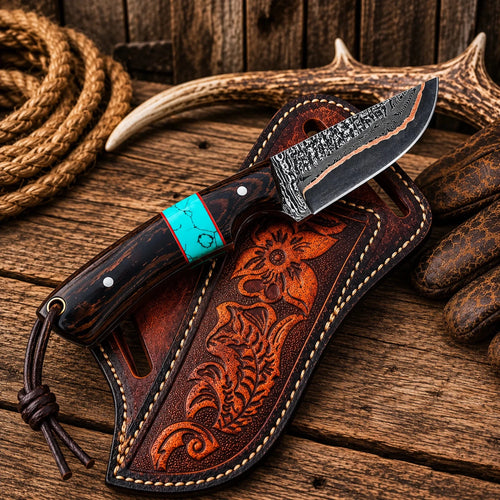 Copper Damascus Cross Draw Knife – Wenge Wood & Turquoise Inlay Handle - SHAM KNIVESCowboy KnifeSHAM KNIVESHandmade Copper Damascus cross draw knife with Wenge wood and turquoise inlay handle.