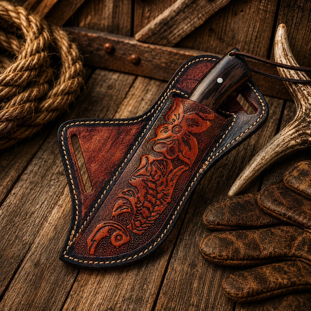 Copper Damascus Cross Draw Knife – Wenge Wood & Turquoise Inlay Handle - SHAM KNIVESCowboy KnifeSHAM KNIVESWestern hunting knife featuring a Copper Damascus blade and floral leather cross draw sheath.