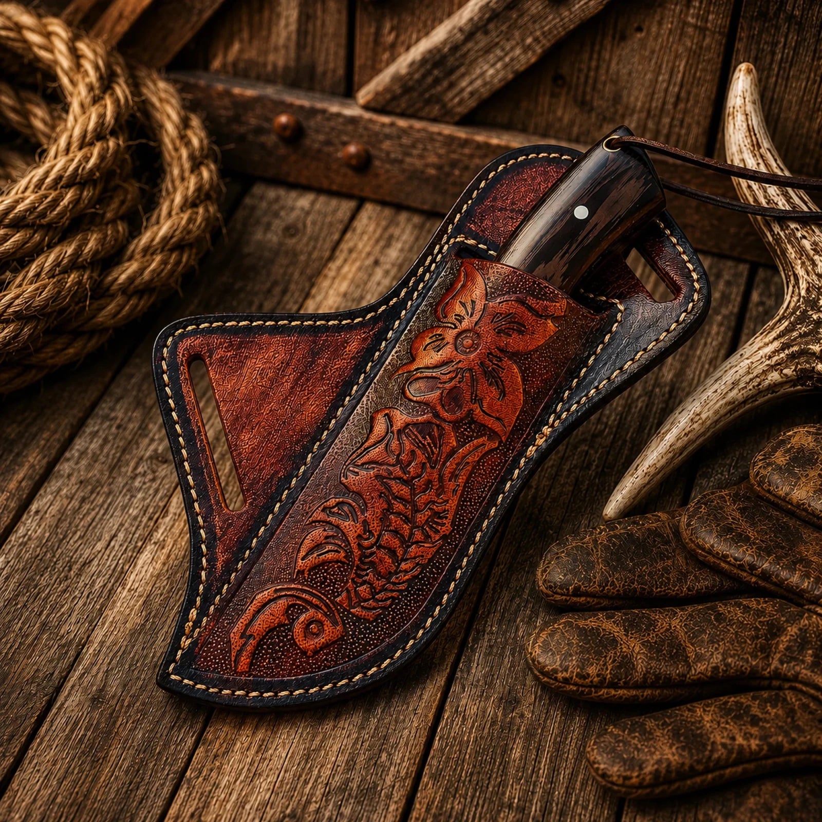 Copper Damascus Cross Draw Knife – Wenge Wood & Turquoise Inlay Handle - SHAM KNIVESCowboy KnifeSHAM KNIVESWestern hunting knife featuring a Copper Damascus blade and floral leather cross draw sheath.