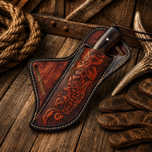 Copper Damascus Cross Draw Knife – Wenge Wood & Turquoise Inlay Handle - SHAM KNIVESCowboy KnifeSHAM KNIVESWestern hunting knife featuring a Copper Damascus blade and floral leather cross draw sheath.