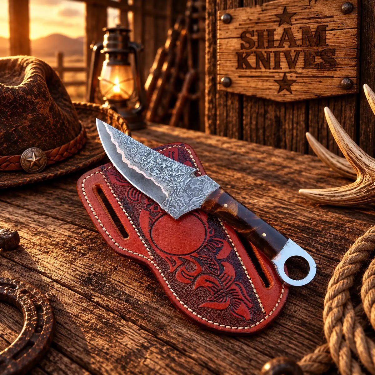 Copper Damascus field dressing knife with a 3.5-inch patterned blade