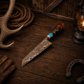 Copper Damascus Gyuto chef knife with turquoise and resin handle