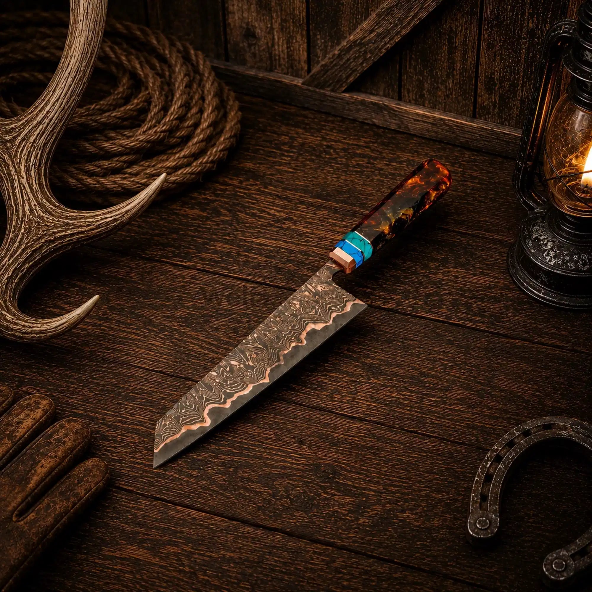 Copper Damascus Gyuto chef knife with turquoise and resin handle