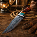 Handmade Copper Damascus hunting knife with turquoise stone resin handle