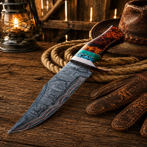 Handmade Copper Damascus hunting knife with turquoise stone resin handle