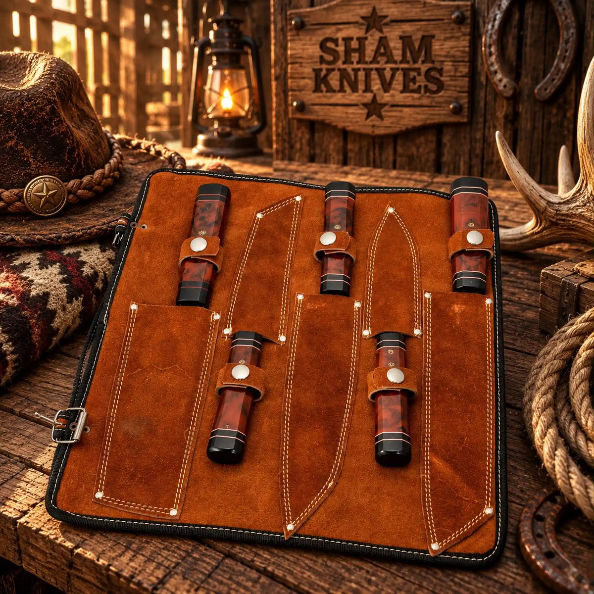Copper Damascus knives with matching faceted resin handles