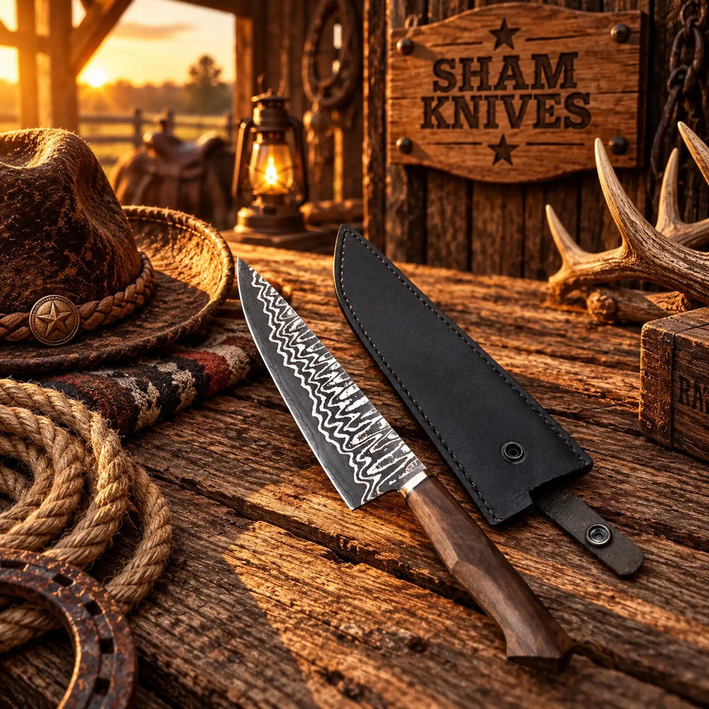 Copper Damascus Santoku knife featuring a sculpted walnut wood handle