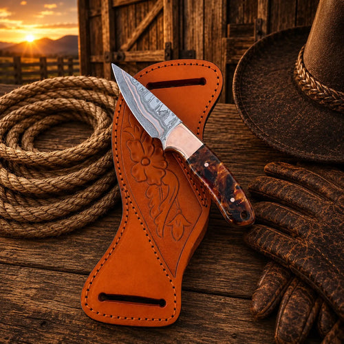 Copper Damascus Western Belt Knife – 3” Blade Epoxy Handle - SHAM KNIVESCowboy KnifeSHAM KNIVESHandmade Damascus hunting knife with leather belt sheath