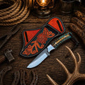 Country rasp cowboy knife with green pine cone handle and leather sheath