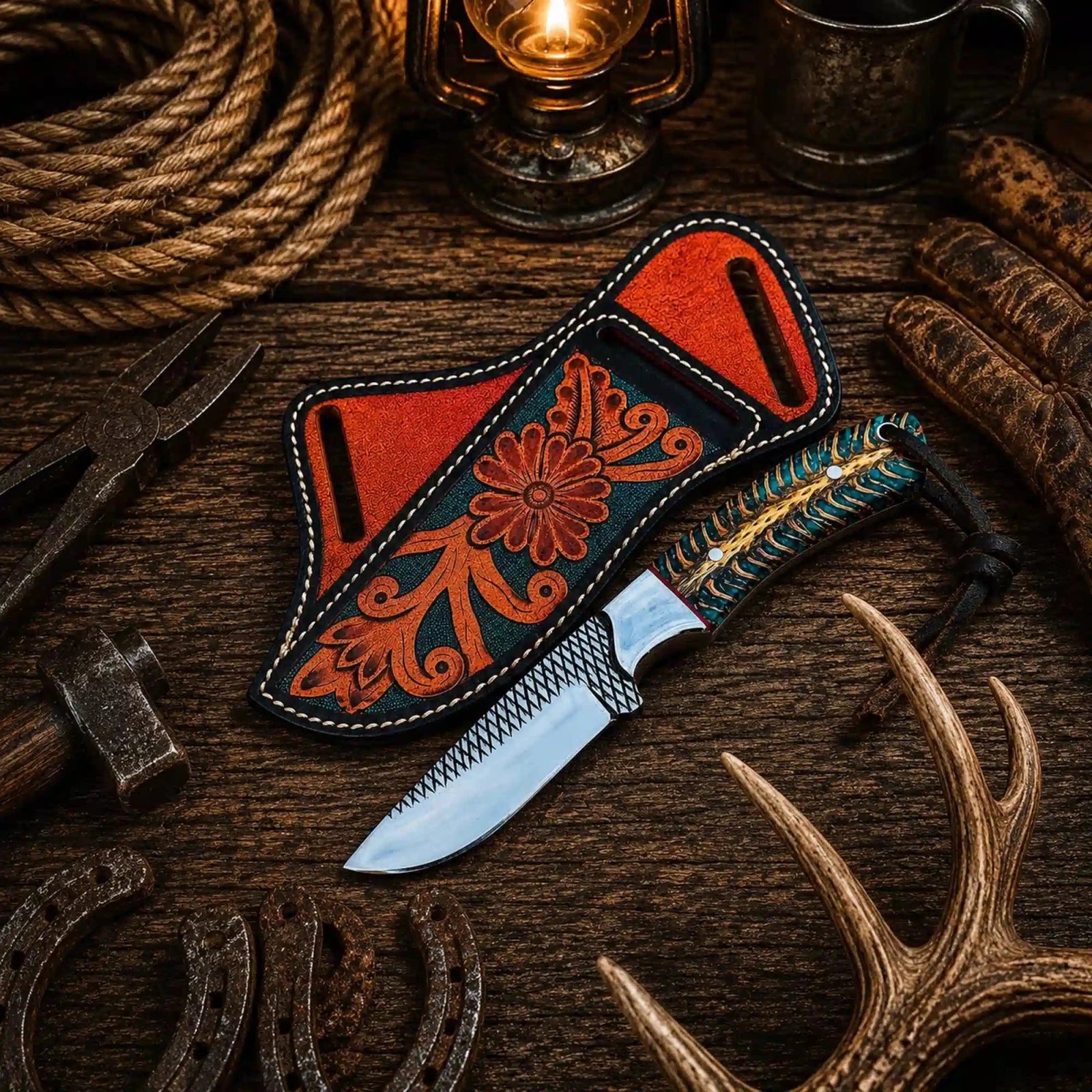 Country rasp cowboy knife with green pine cone handle and leather sheath