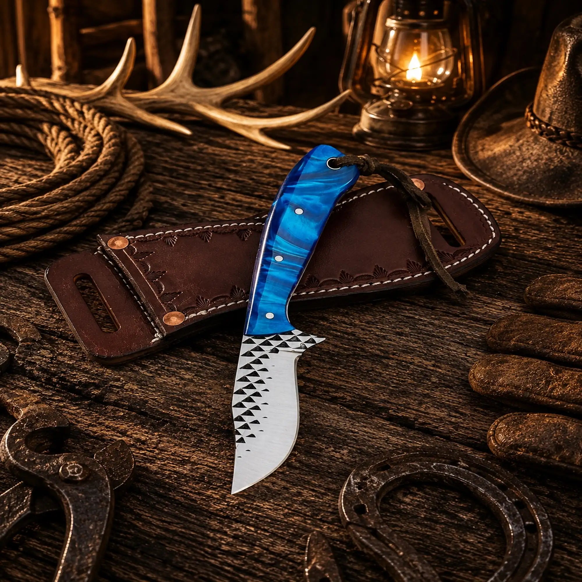 Handmade Country Rasp File hunting knife with blue epoxy resin handle and cross draw leather sheath.