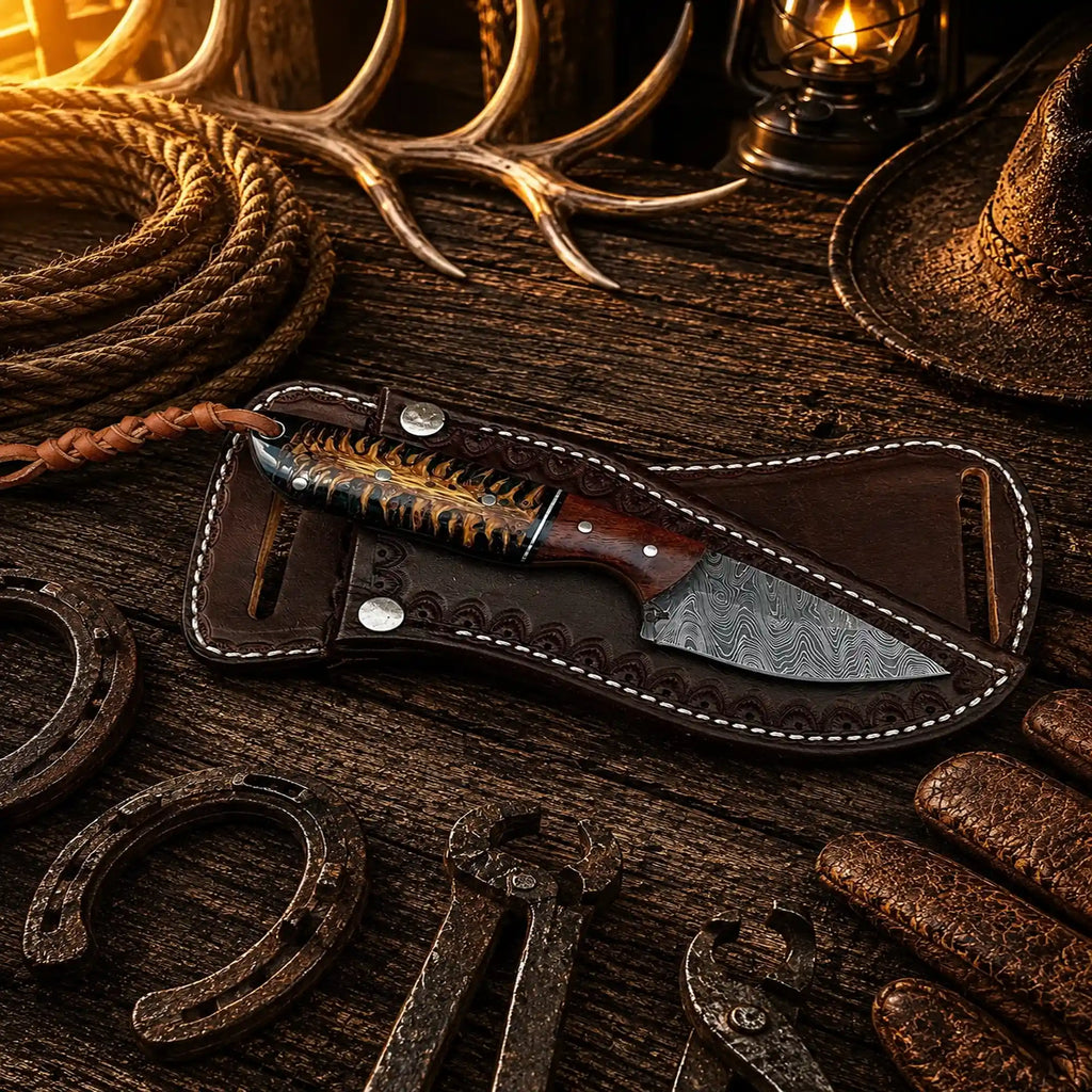 Handmade County Rodeo Carry Knife with Damascus steel blade and pine cone resin wood handle.