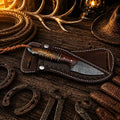 Handmade County Rodeo Carry Knife with Damascus steel blade and pine cone resin wood handle.