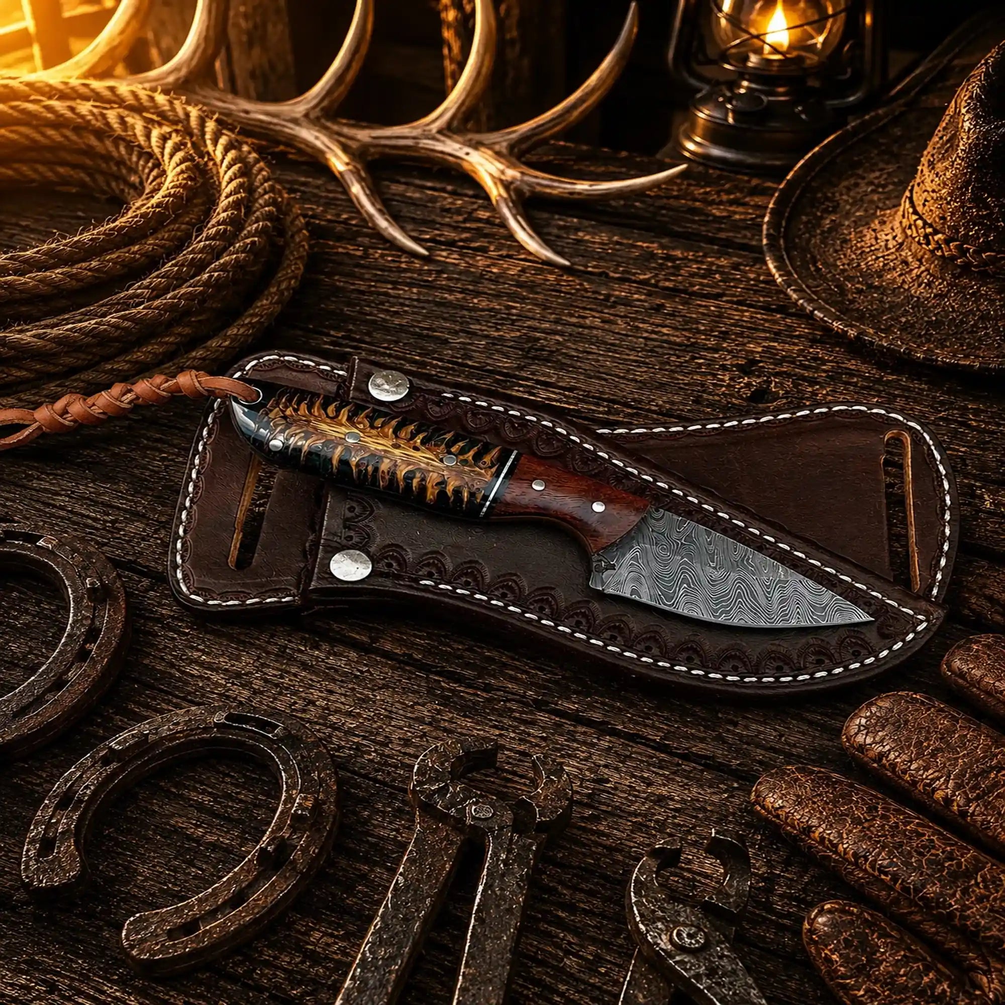 Handmade County Rodeo Carry Knife with Damascus steel blade and pine cone resin wood handle.