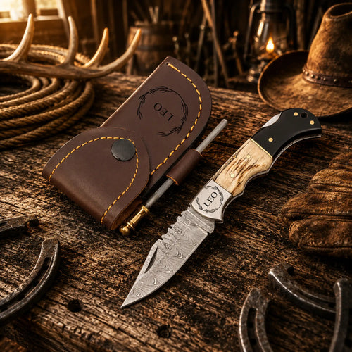 Cowboy belt carry Damascus folding pocket knife with antler and black resin handle with leather sheath.