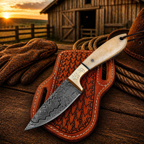 Cowboy Belt Knife – 3.5" Damascus Steel Blade & Bone Handle - SHAM KNIVESCowboy KnifeSHAM KNIVESCowboy belt knife with 3.5 inch Damascus steel blade and bone handle