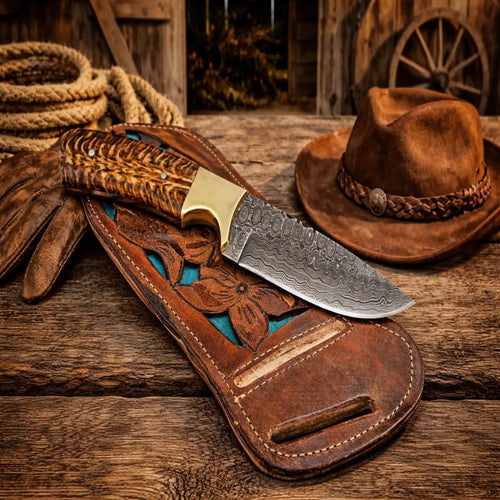 Cowboy Belt Knife - 8” Damascus Steel Blade Pine Cone Resin Handle - SHAM KNIVESCowboy KnifeSHAM KNIVESCowboy belt knife with Damascus steel blade and pine cone resin handle with leather sheath western style
