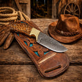 Cowboy belt knife with Damascus steel blade and pine cone resin handle with leather sheath western style