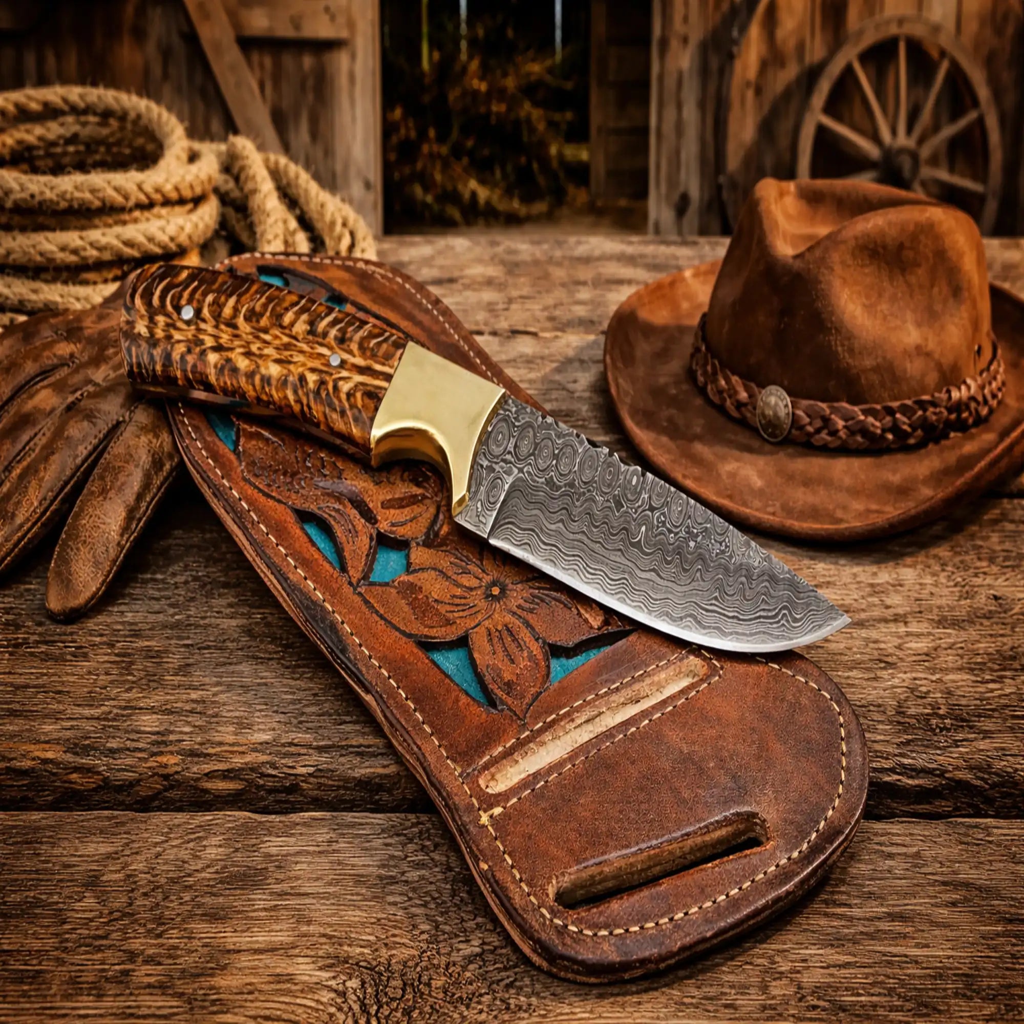 Cowboy belt knife with Damascus steel blade and pine cone resin handle with leather sheath western style